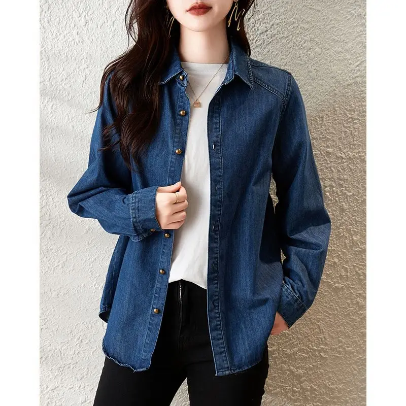 Women\'s Spring Autumn Turn-down Collar Solid Distressed Button Cardigan Long Sleeve Denim Coats Casual Office Lady Vintage Tops