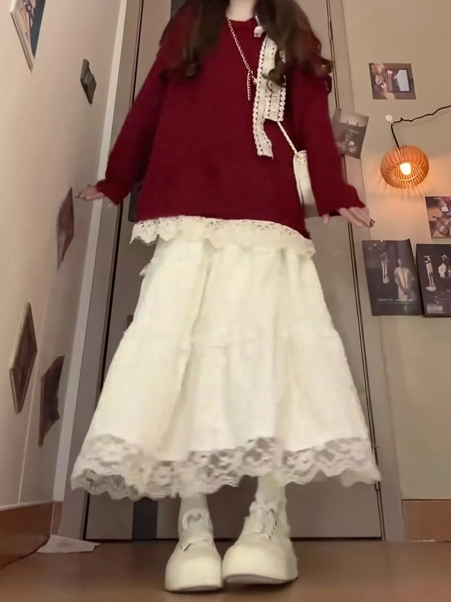 

Winter Knitted Sweater And Lace Skirt Set plus Size Women's Faionable And Unique Red New Year's Outfit Casual Sle