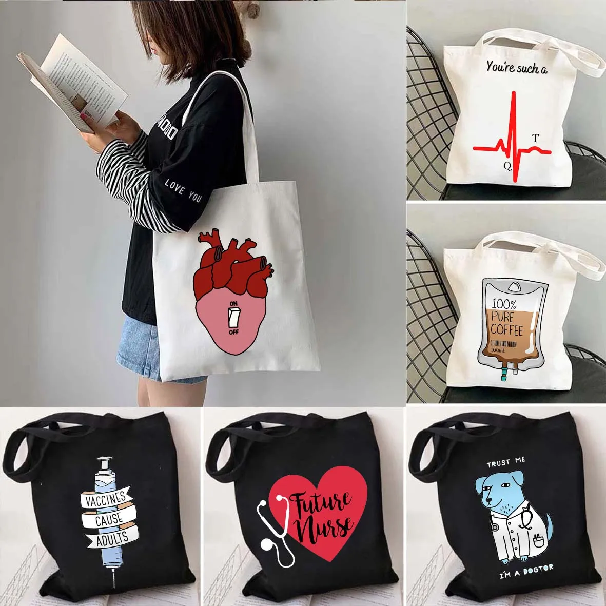 Funny Anatomy Medicine Health Heart Brain Doctor Nurse Medical Stethoscope Men Women Shoulder Canvas Totes Bag Shopping Handbags