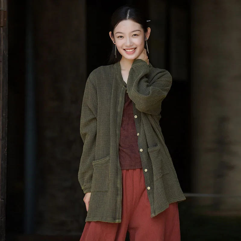 

Женская хлопковая плиссированная куртка с длинными рукавами Saute Color, повседневное свободное удобное пальто на пуговицах, весеннее пальто средней длины с карманом