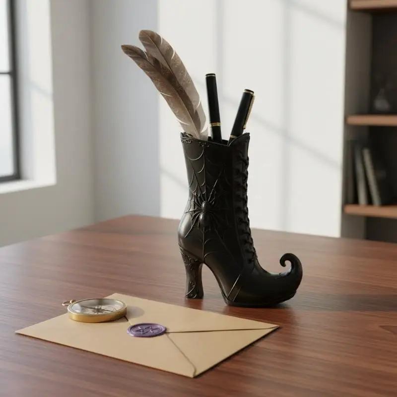 Gothic Witch Boot Shape Pen Holder 3D‑Printed Spider Web Halloween Decor Makeup Brush Stationery Storage Container