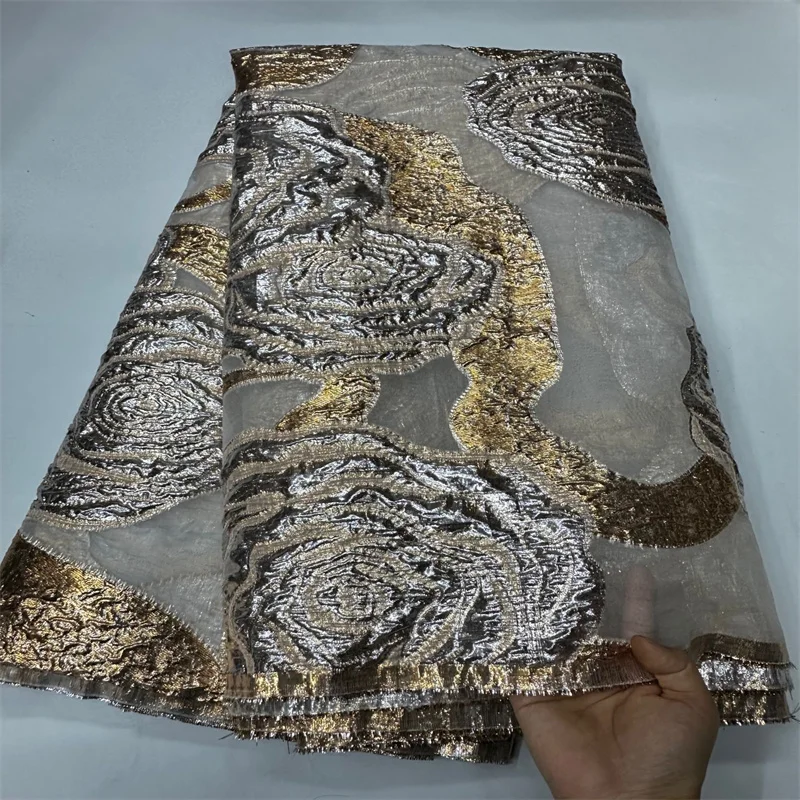 2024 High Quality African Nigerian Gilding Tulle Lace Fabric Embroidery Organza French Lace Jacquard Brocade Lace Fabric Gold