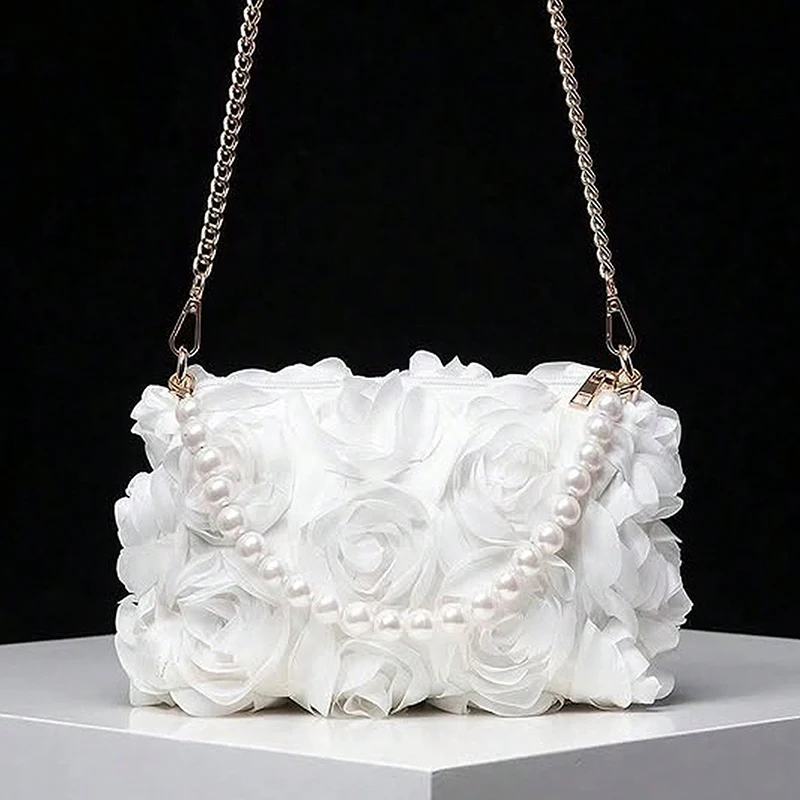 

Изысканная и элегантная сумка через плечо с жемчужной цепочкой, милый и модный трехмерный цветок, модная цепочка.