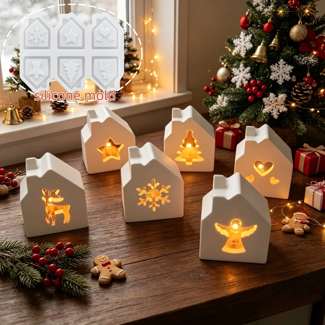 Christmas Atmosphere Candle Holder Decor House,Christmas Elements Reindeer Snowflake Pentagram Angel House Gypsum Drip Glue Mold