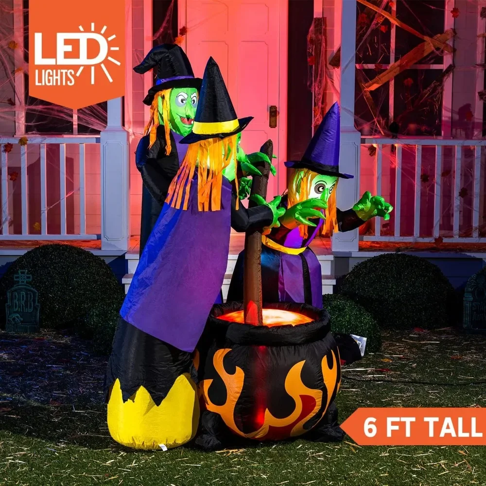 6 FT Halloween Inflatable, Witch Around Cauldron with Flame Light with Build-in LEDs, Halloween Inflatable