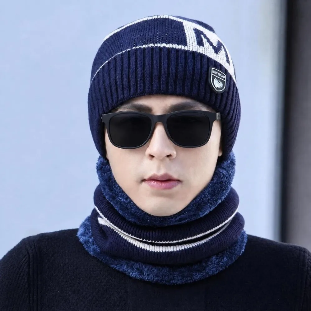 Lined Knitted Beanie Set Thermal Insulated Windproof Hat Scarf Combo M Letter Pattern Stretch Knit Winter Knit Headwear Set
