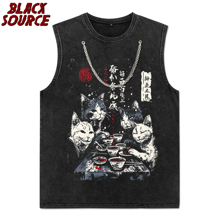 T497 Bai Men's Catman Red Moon Cat Graphic Hoodie, Japanese Streetwear Pullover Sweatshirt, Oversized Casual Urban Fashion