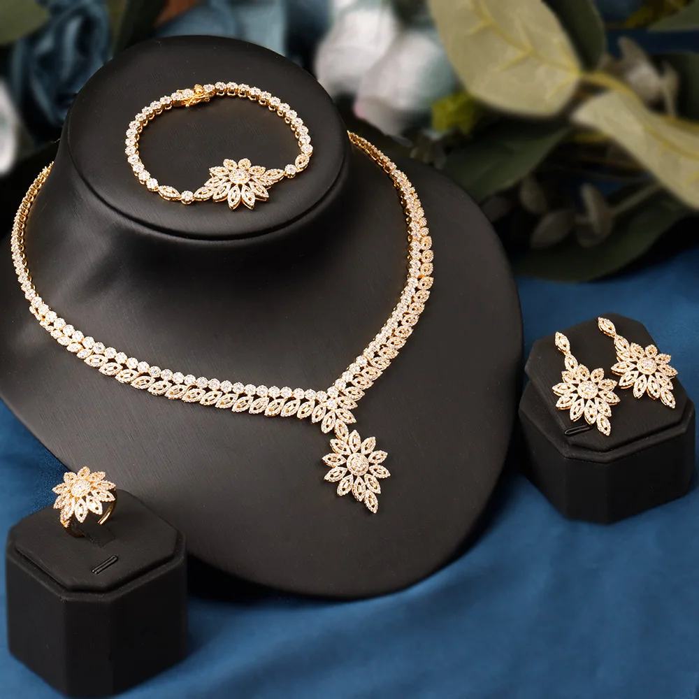 

Bride Talk New Design 4 PCS Jewelry Set For Women Wedding Engagement Cubic Zirconia Lady Beautiful Necklace Romantic Finger Ring