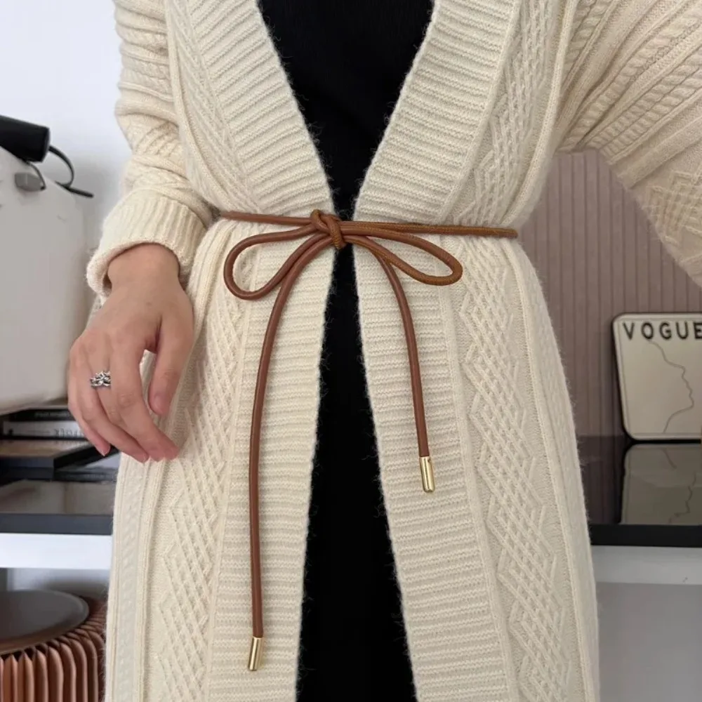 Fashion Non-hole Round Rope Belt Waist Chain Solid Color Leather Thin Belt Knotted Waist Belt Women