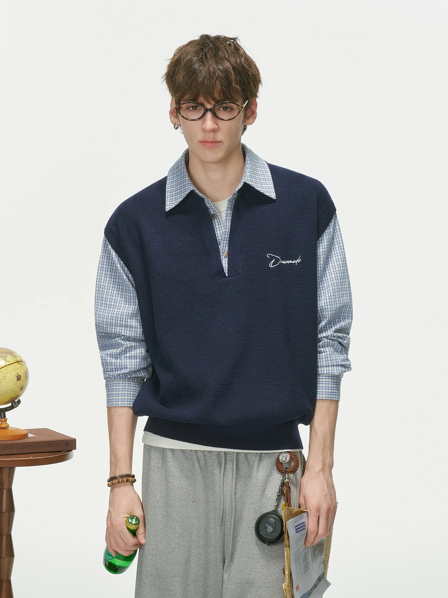Dream Made Men's Knitted Shirt Collar Sweater Vest Fake Two-Piece Layering Autumn Winter Fashion Comfortable Breathable Knitwear