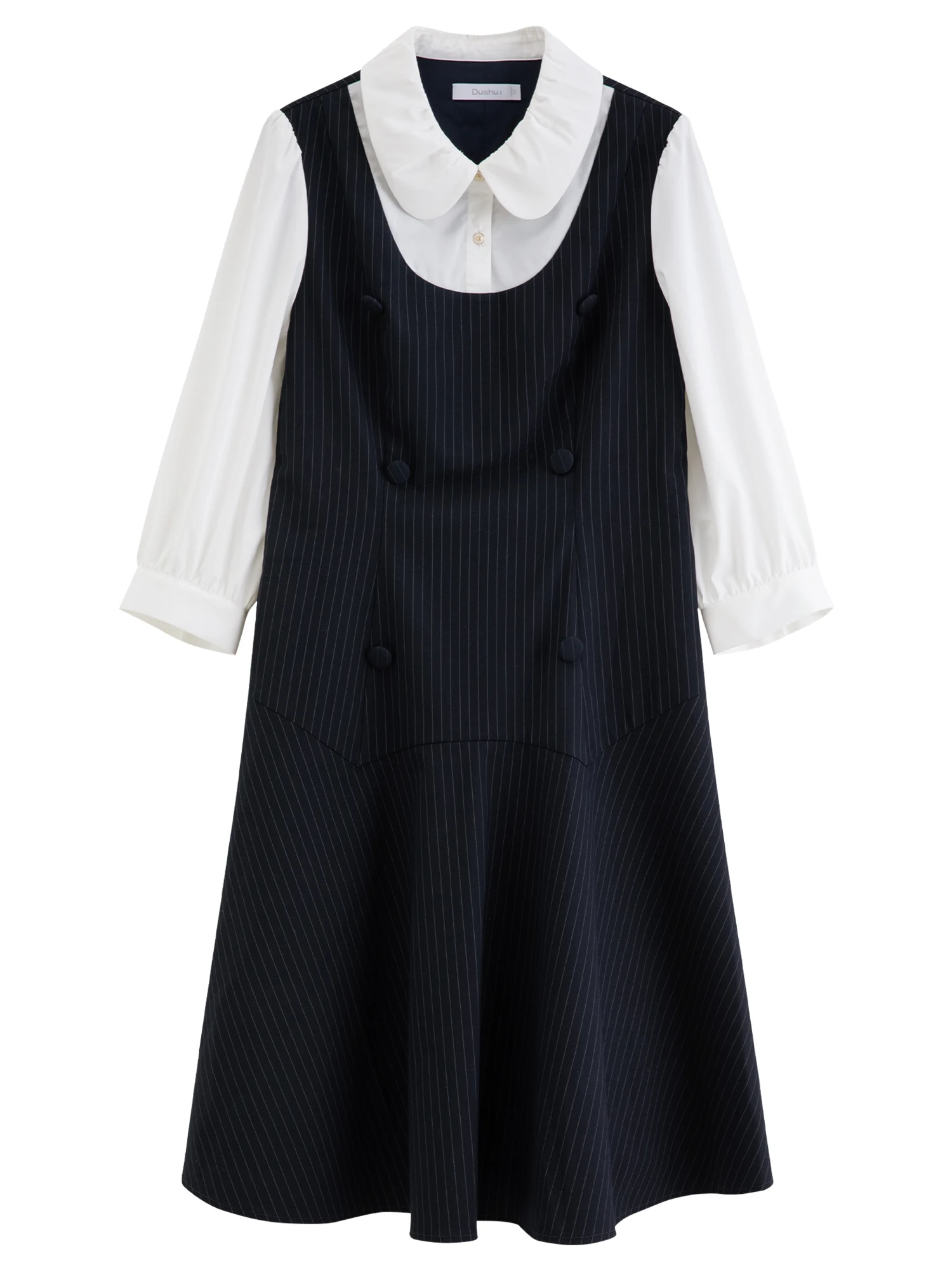 DUSHU 2026 Fall Women's Chic Preppy Faux Two-Piece Long Sleeve A-Line Dress with Waist-Defining Fit for Daily and Office Wear