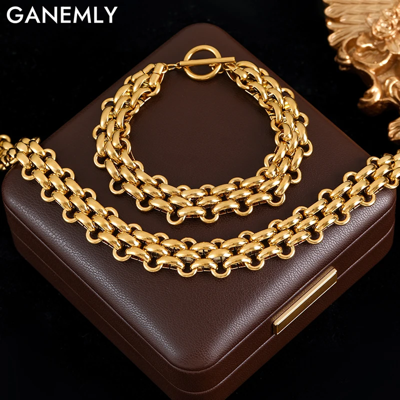 

GANEMLY 316L Stainless Steel Cuban Chain Necklace Bracelet Set For Women Men New Punk 18K Gold Plated Waterproof Jewelry Set