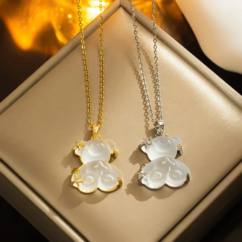 Fashion Cute Bear Star Necklace Trendy Crystal Personality Animal Light Luxury All-match Collarbone Chain Pendant Gift