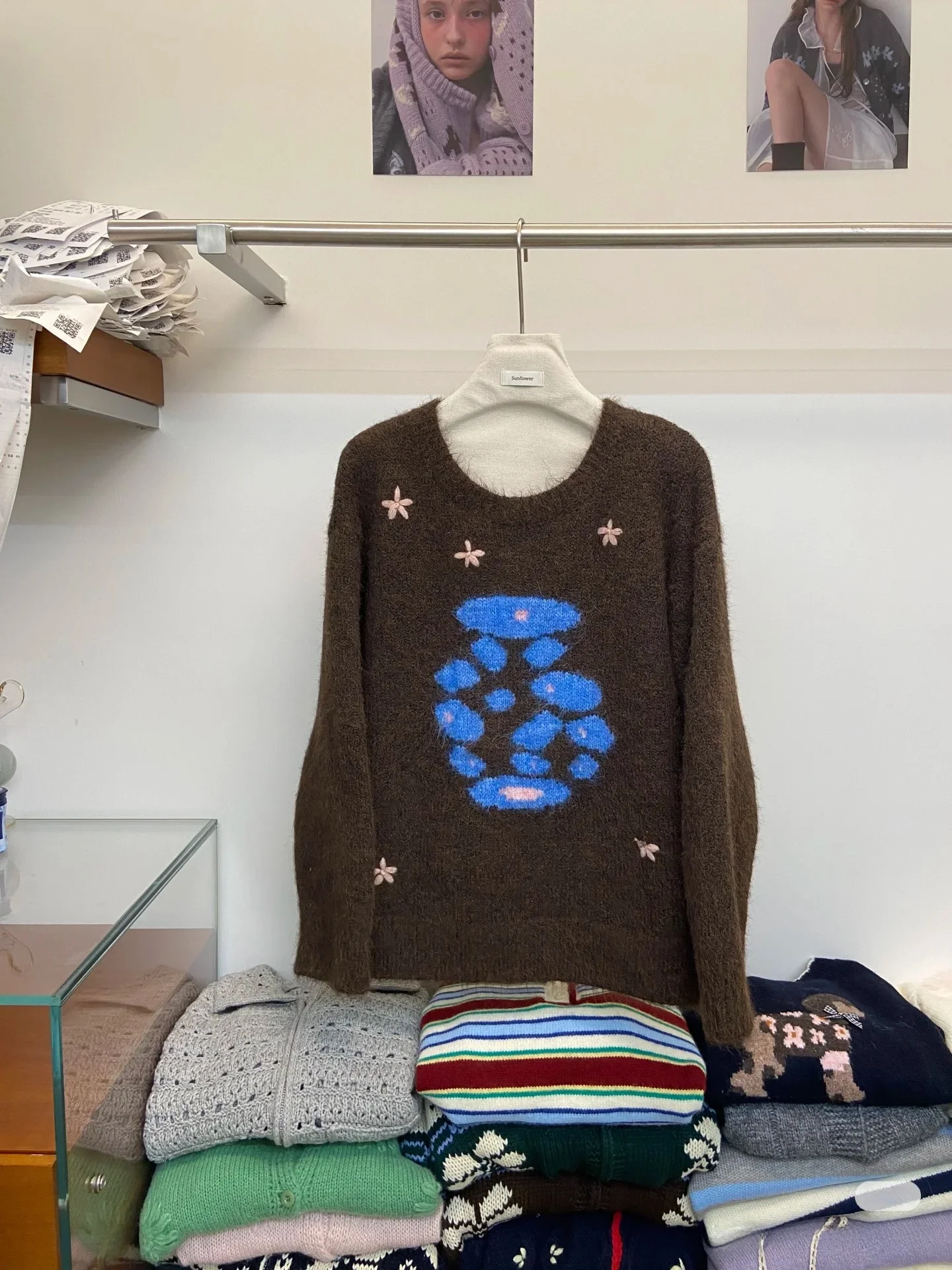 Handmade Soft Cozy Overhead Sweater Dongdaemun Luy Bottle Pattern Knitted Long Sve Plant Floral Warmth Daily Wear for Women