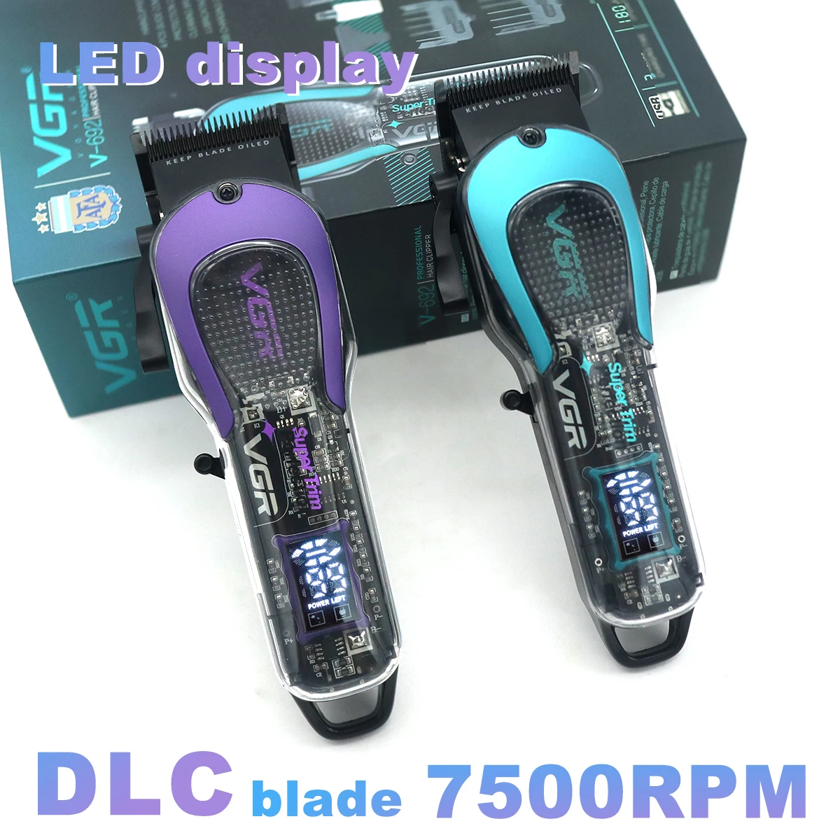

VGR V692 Профессиональная мужская машинка для стрижки волос с лезвием DLC, 7500 об/мин, светодиодный дисплей, 2000 мА, прозрачный триммер для стрижки волос на теле