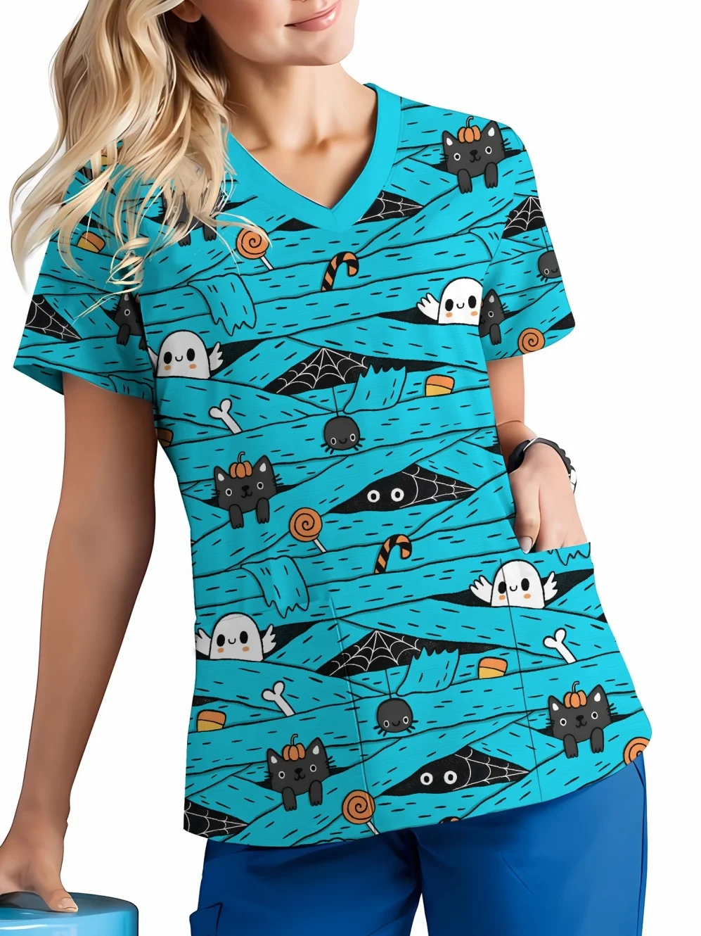 New Halloween Strappy Element Pattern Doctor Work Medical Scrubs Soft Fashion with Two Pockets Short Sleeve Nurse's Uniform Top