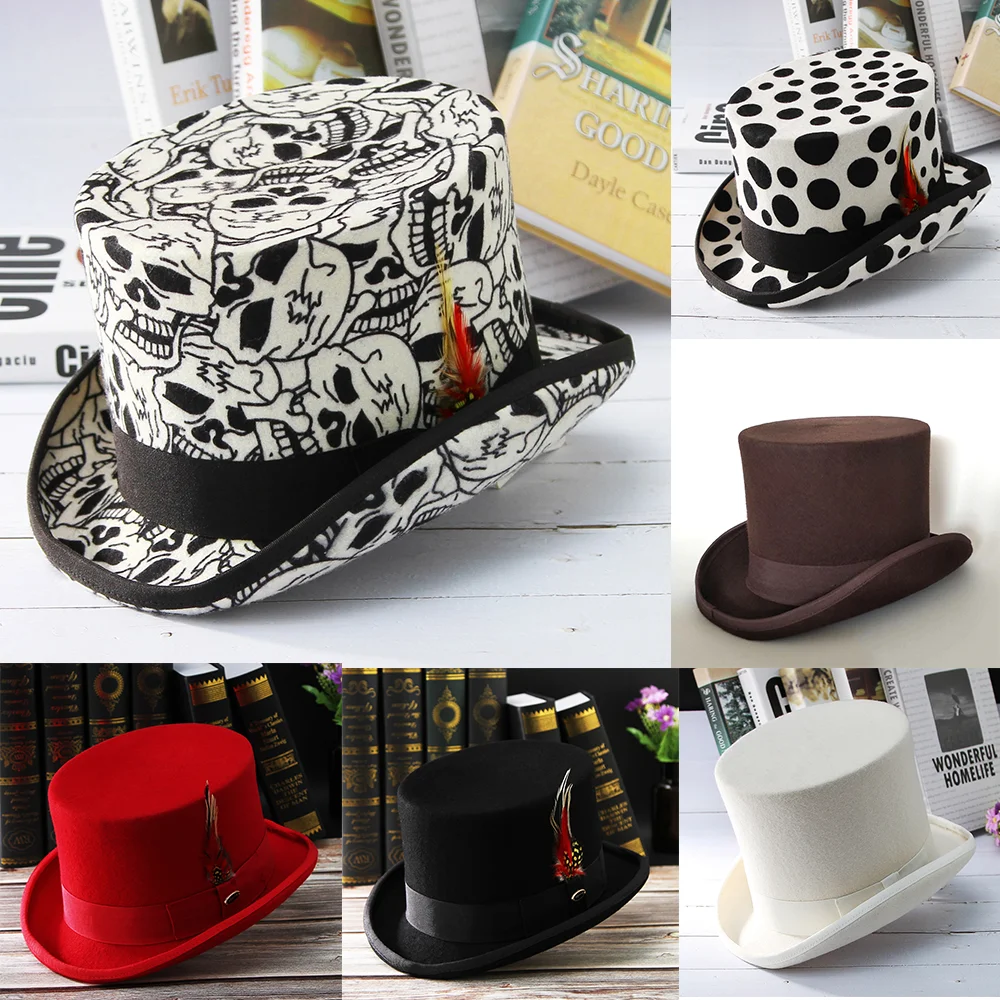 Mężczyźni kapelusz 100% wełniany kapelusz Fedora koszulka uniseks pokaż dżentelmen melonik czarny czerwony magiczny kapelusz kapelusz prezydencki akcesoria z piór
