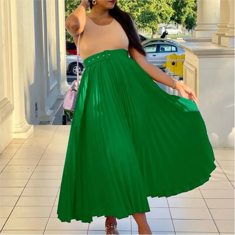 Bohemian Elegant Versatile Skirt Woman's Fashion High Waist Big Hem Loose Pleated Skirts Ladies Foreign Style Vacation Clothing