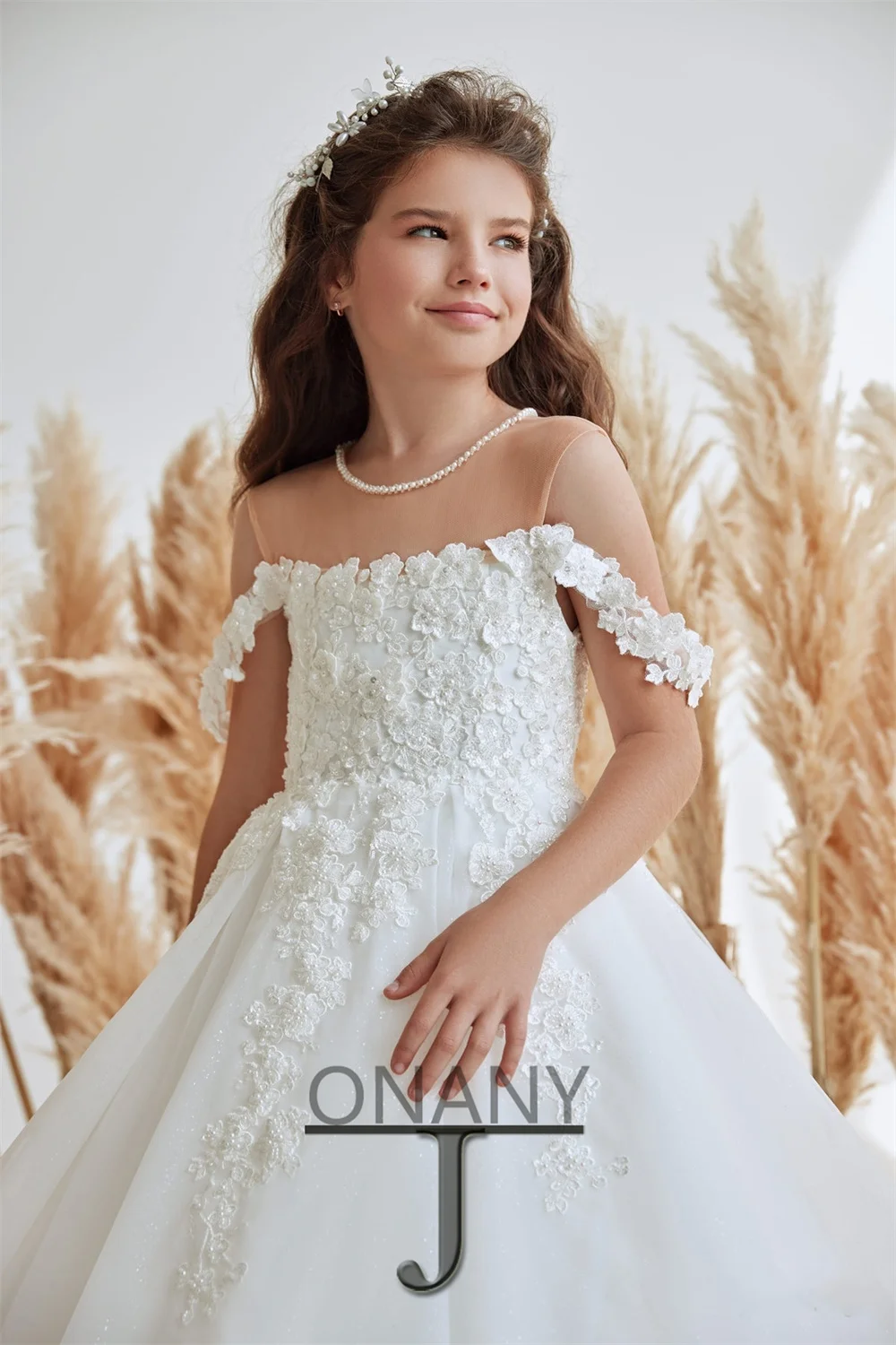 فستان فتاة الزهور من JONANY لؤلؤي فستان حفلة مخصص بدون أكتاف زهور ثلاثية الأبعاد حديثة للفتيات الصغيرات الأميرة Roupas De Florista #1