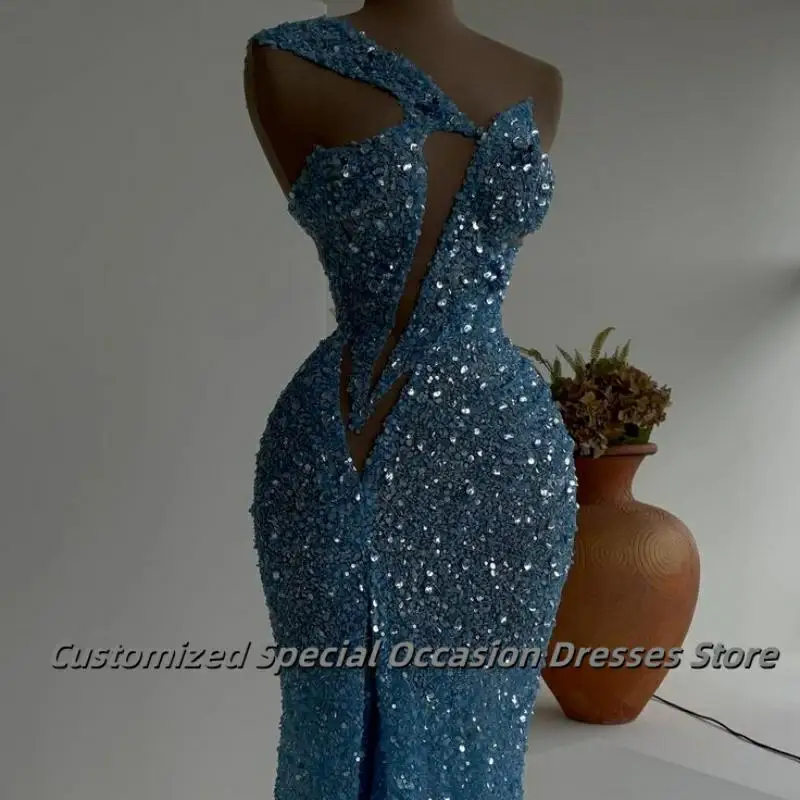 Sparkly Blue Evening Dresses For Women 2025 One Shoulder Mermaid Party Gown Beaded Crystal Rhinestone Party Outfits Customized