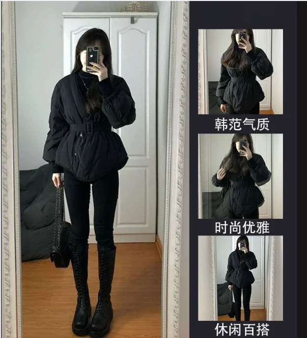 Zimní nový zesílený bavlněný kabát 2025 s francouzským luxusním stylem a kolekcí pasu, krátká černá bunda pro zvýraznění štíhlosti - náhled 6
