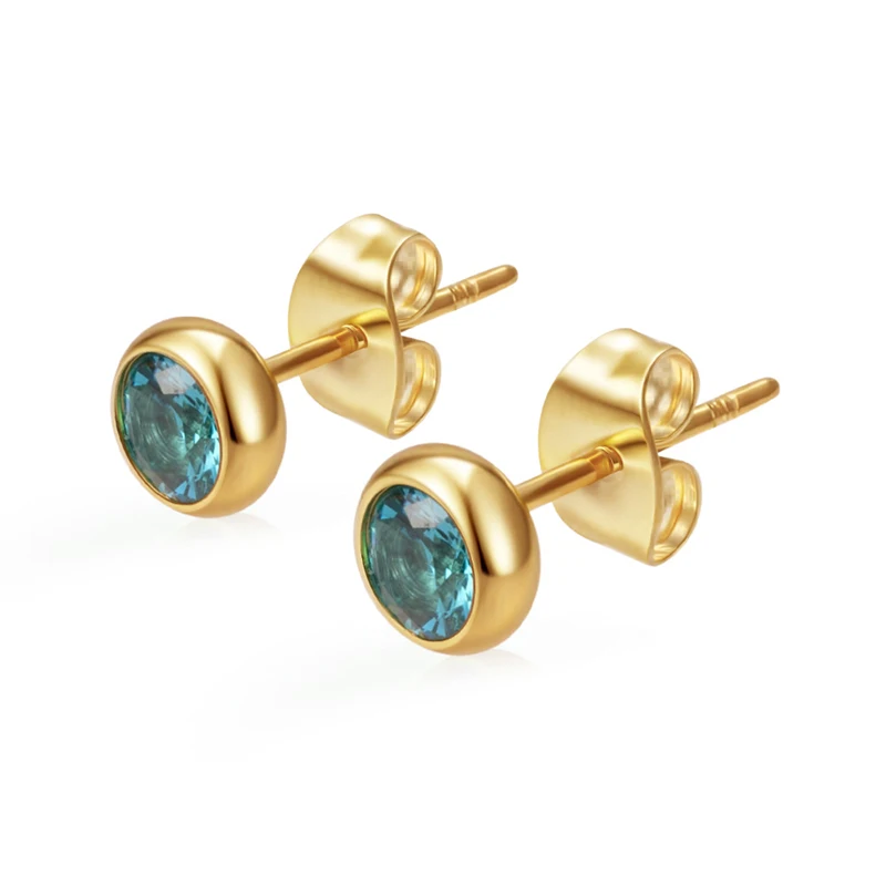 Classic Stainless Steel Ear Needle Zircon Round Stud Earrings For Women Birthstone Gold Color Small Huggie Daily Female Jewelry