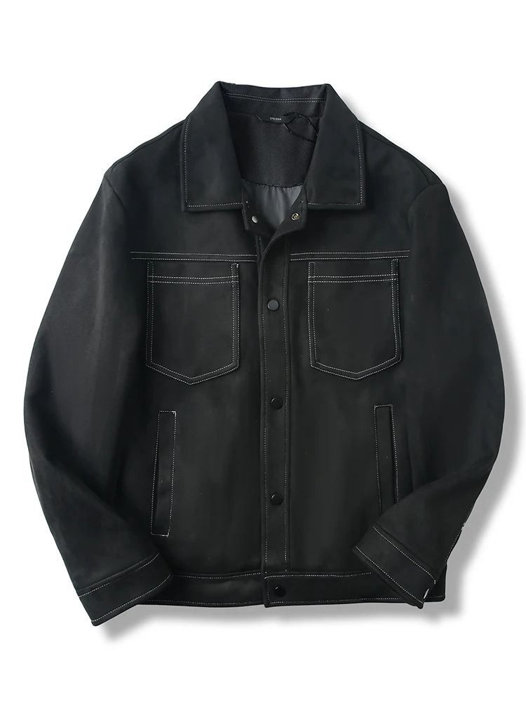 

American Retro Men's Thi Casual Lapel Jaet Luxury Suede Teaded Workwear Faion Outerwear Warm Long Sve Polyester