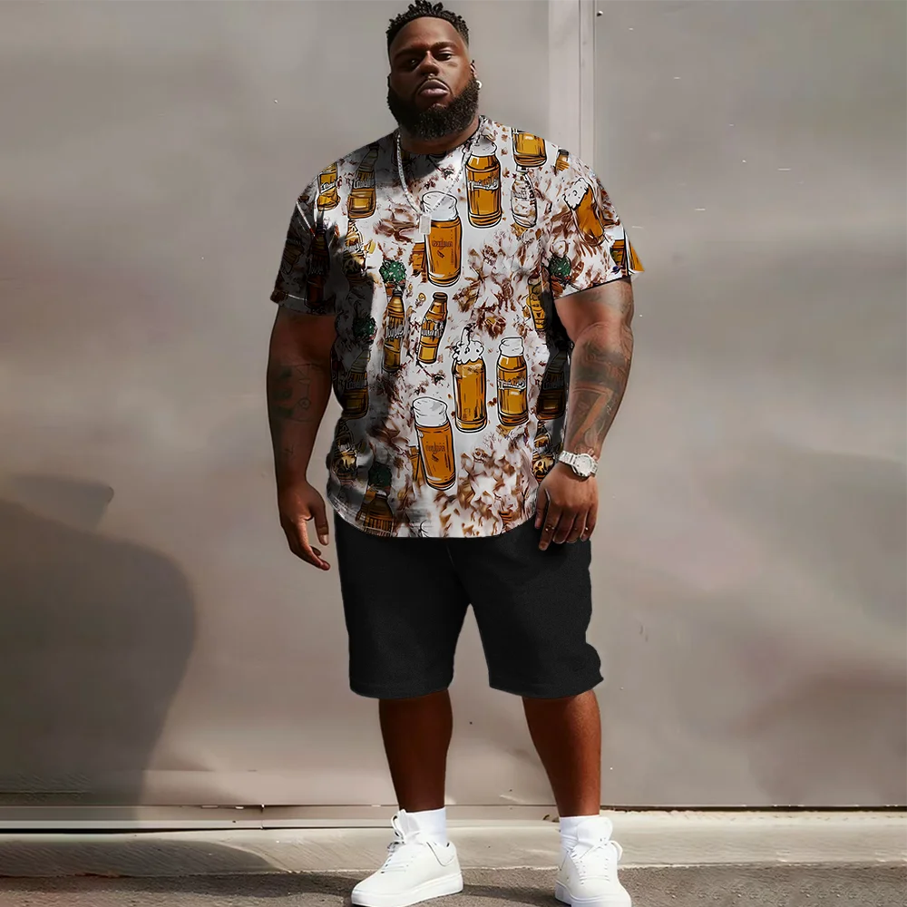 طقم S-9xl مقاس كبير للرجال بأكمام قصيرة: Beer-Vibe Chic - قطعتين كبيرة وطويلة، قماش ناعم، مطبوعات كوب بيرة أنيقة