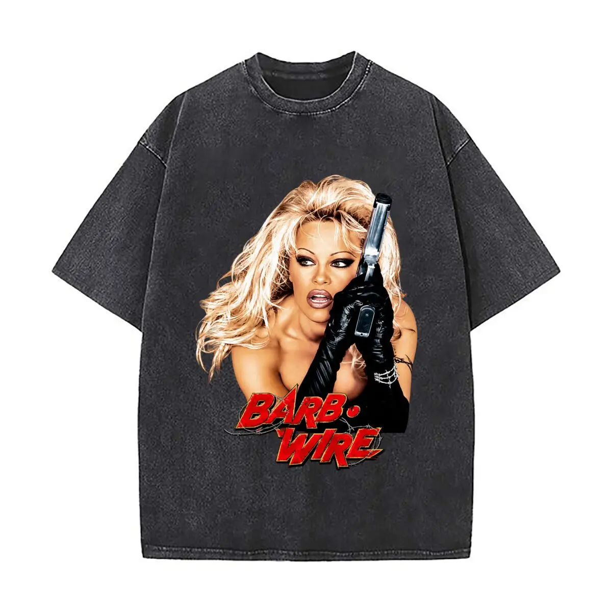 Barb Wire Movie Pamela Anderson Blonde Woman With Gun Black Gloves Graphic 2026 Washed Vintage Short Sleeve Loose Streetwear Tee