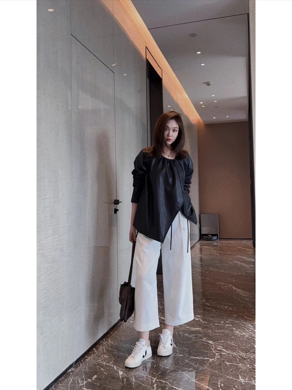 

OSENSO Casual Loose Straight Leg Wide Leg Pants Nine Points Spring Summer Breathable Ladies High Waist Polyester Fiber