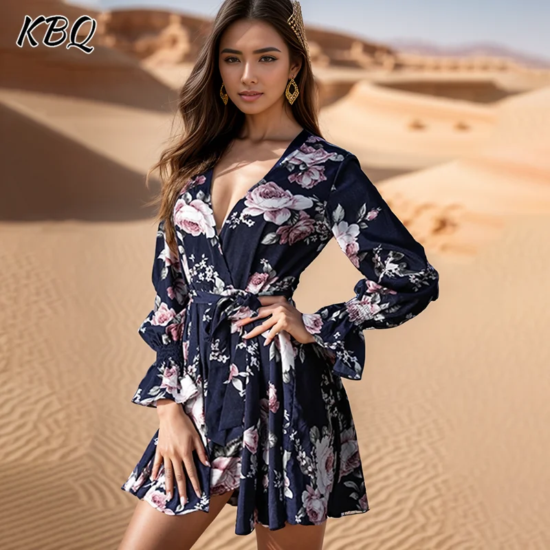 

KBQ Floral Printing Sexy Dress For Women V Neck Long Sleeve High Waist Patchwork Lace Up Elegant Slimming Dresses Female Style