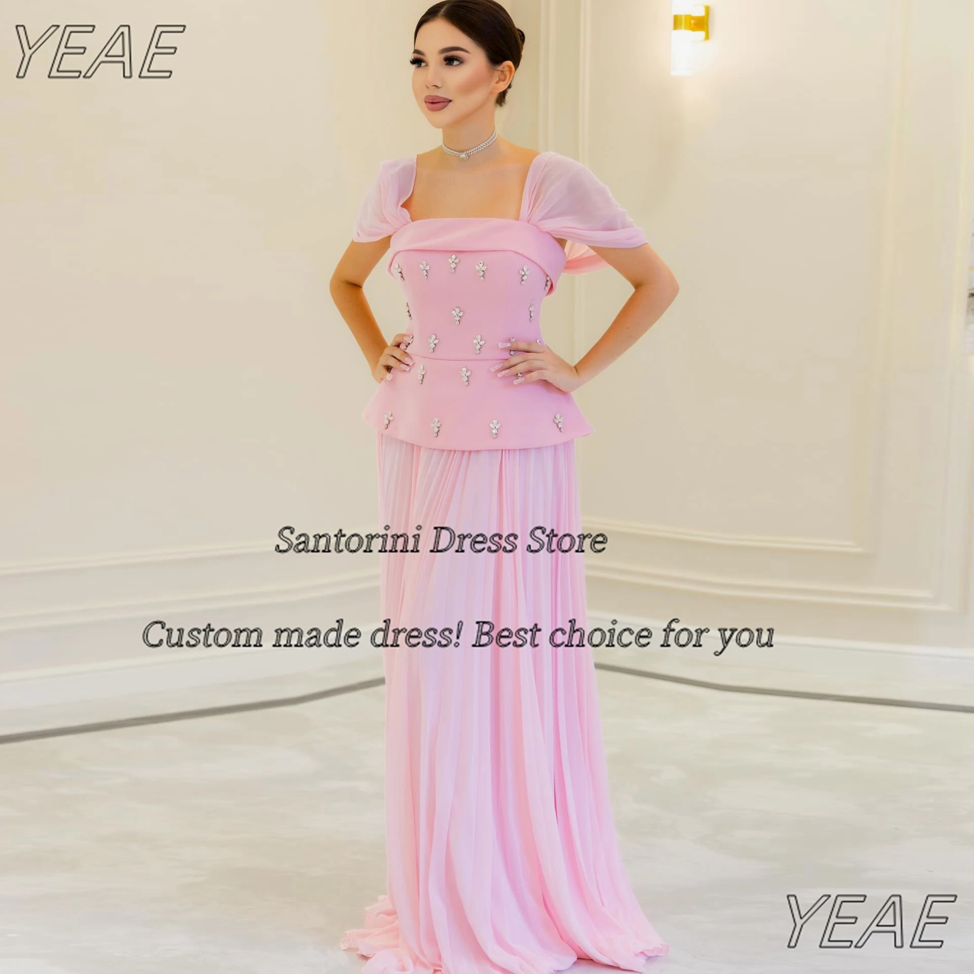 

Santorini Pink Prom Dresses Off Shoulder Crystals Robe Des Soiree Long Ruched Vestidos Party Evening Dress Customized