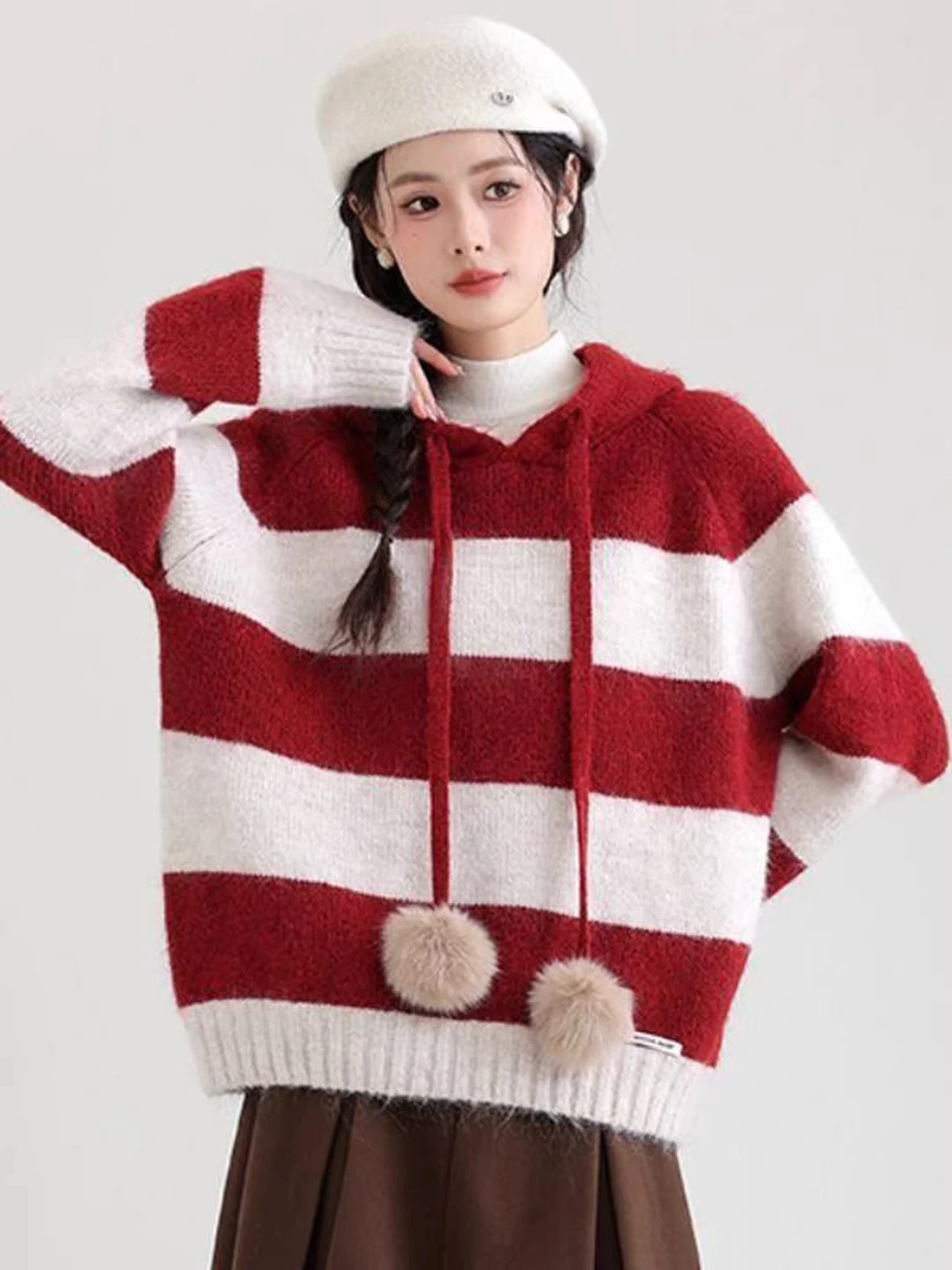 

Large Size 300 Pounds Fashionable Young Striped Hoodie Women's Autumn Winter Loose Versatile Knitted Top Commute Style Polyes...
