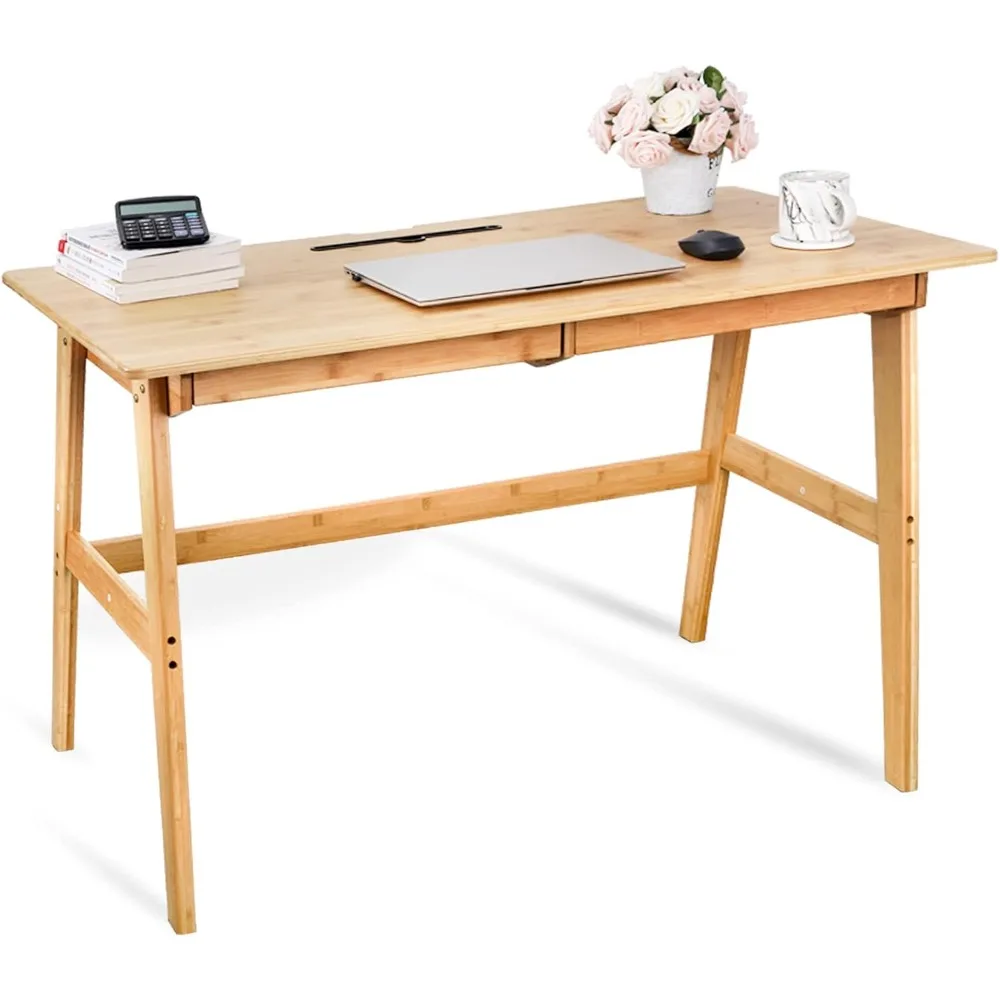 

Computer Desk with 2 Drawers, 46" Solid Bamboo Home Office Writing Desk for Small Space