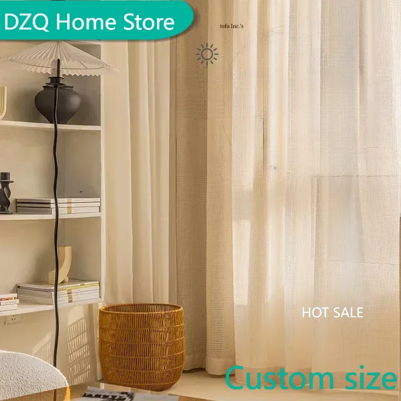 

Japanese Style Wooden Minimalist Cream White Curtain for Living Room Bedroom Dining Room Cotton and Linen Half Blackout Curtain