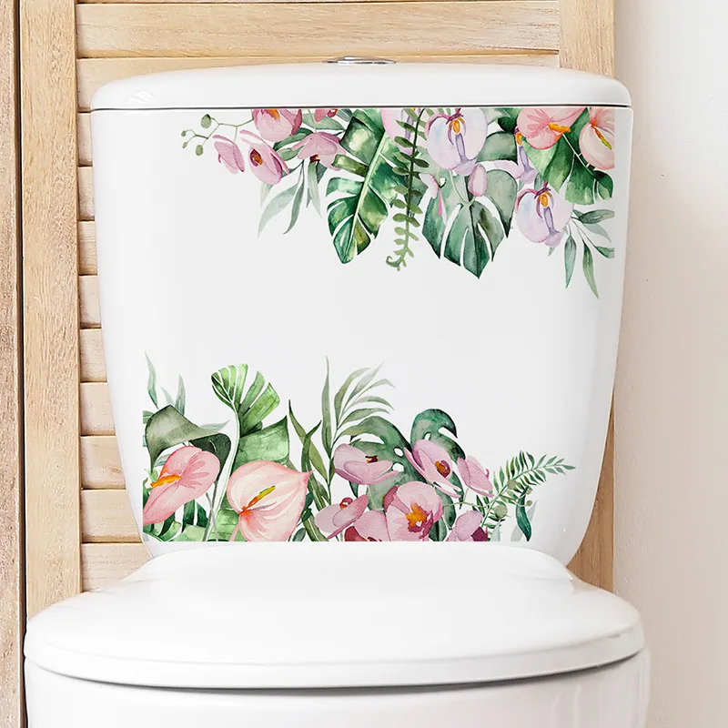 Tropical Green Plant Flower Toilet Sticker Decal Bathroom Home Decor Flamingo Wall Sticker Self-Adhesive PVC
