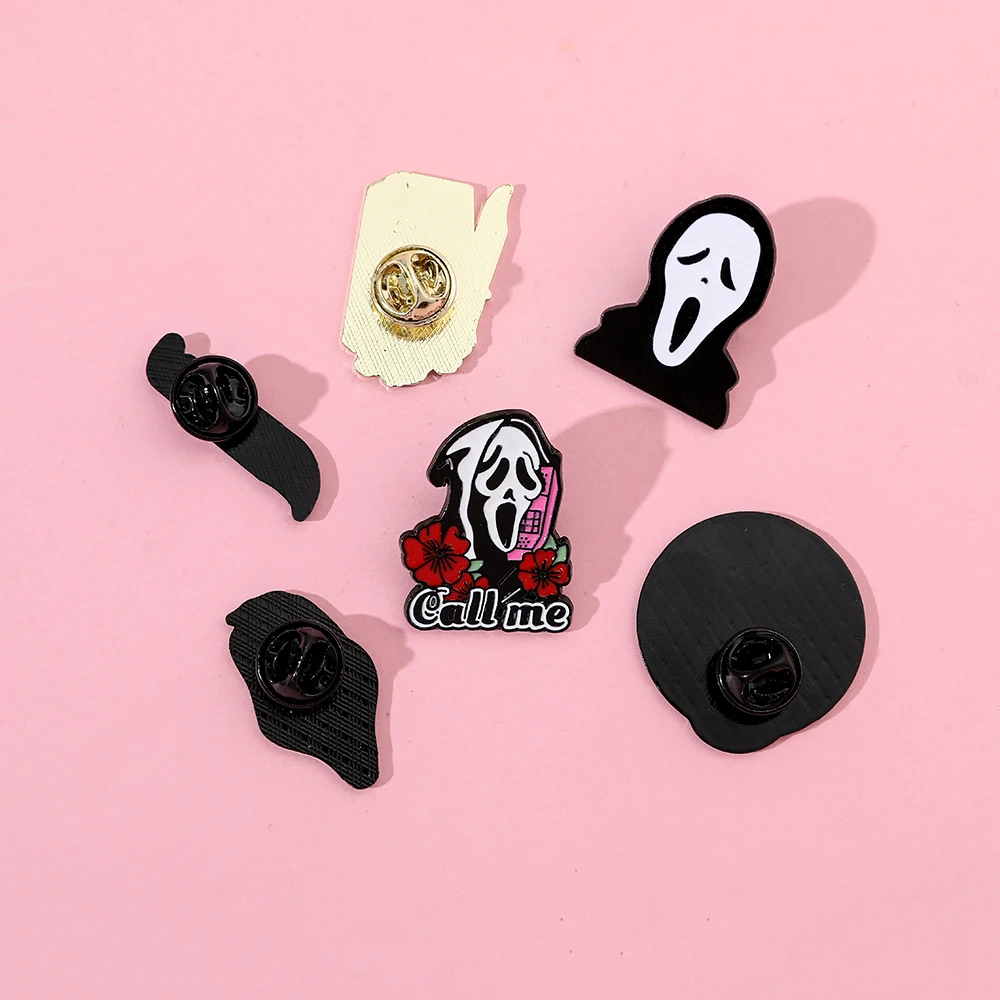 6 Pcs Halloween Horror Skull Brooch Horror Mask Making Phone Calls Enamel Pins Skull Dagger Metal Paint Badge Backpack Clothing