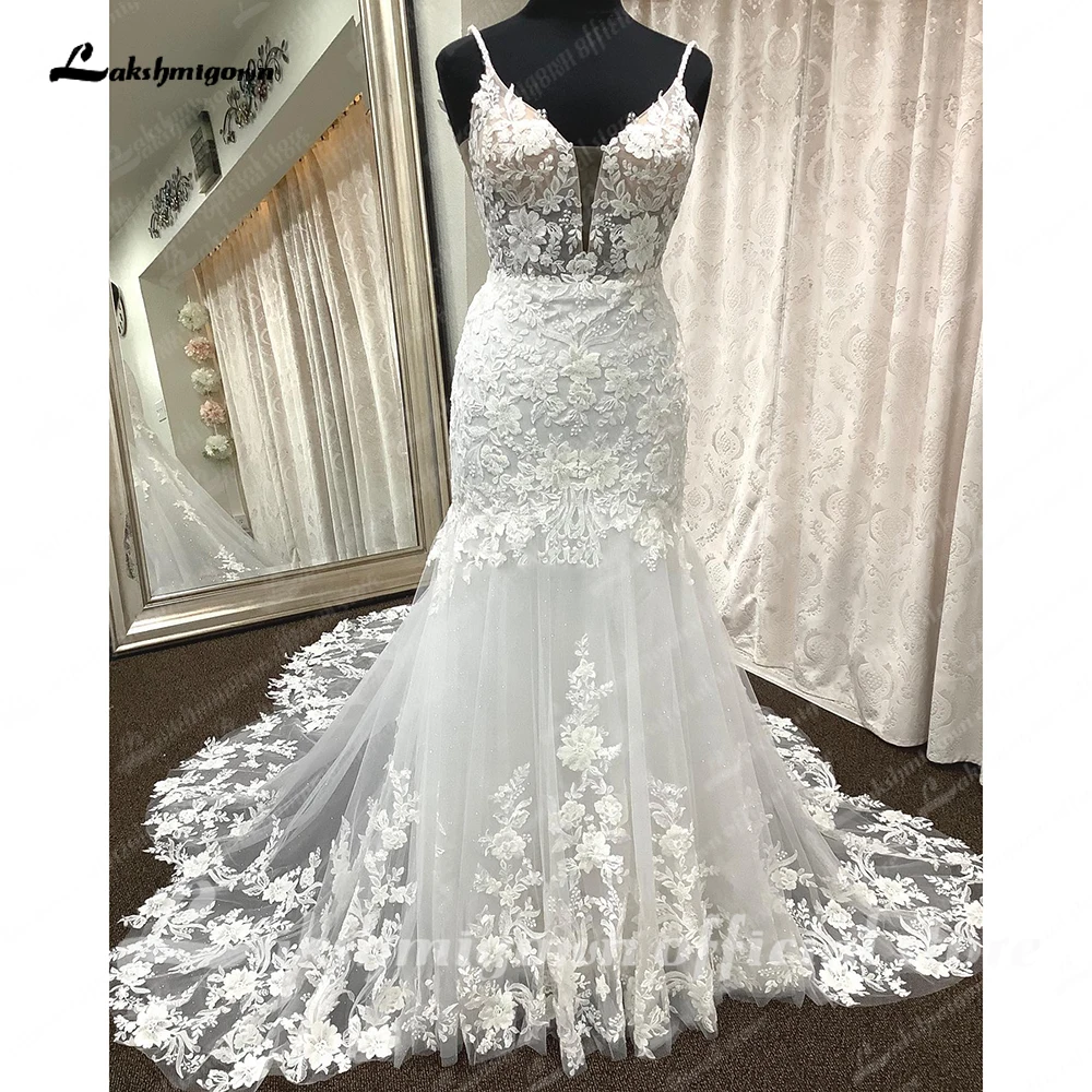 

Lakshmigown Gorgeous Full Lace Mermaid Wedding Dress V Neck 2023 vestido de novia corte sirena Spaghetti Straps Backless Bridal