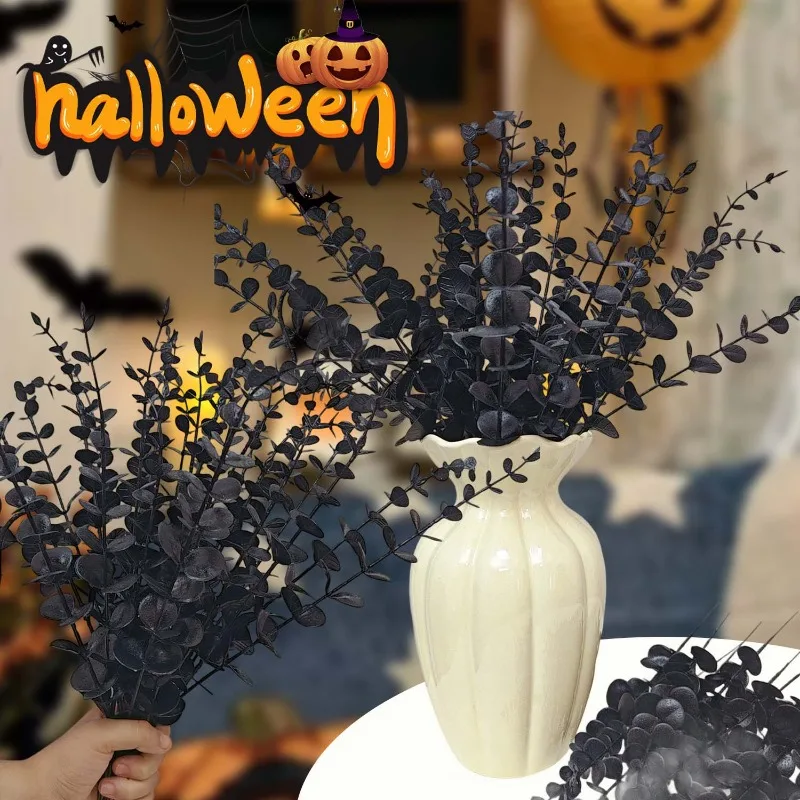 50/10x فروع الأوكالبتوس الاصطناعية السوداء محاكاة الزهور ينبع هالوين الشكر الحلي DIY بها بنفسك ديكور المنزل الجدول #2