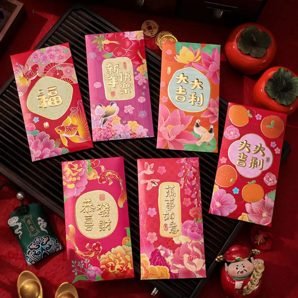 6 stks/set Cartoon Nieuwjaar Envelop Tas Verwijderbare Verdikte Lucky Rode Zak Recyclebaar Nieuwjaar Rood Pakket Oudejaarsavond