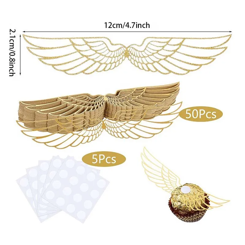 50Pcs Gold Wings Chocolate Cake Party Decoration Wizard Topper Hollowed Wing Cupcake Toppers Snitch Wedding Decor Candy