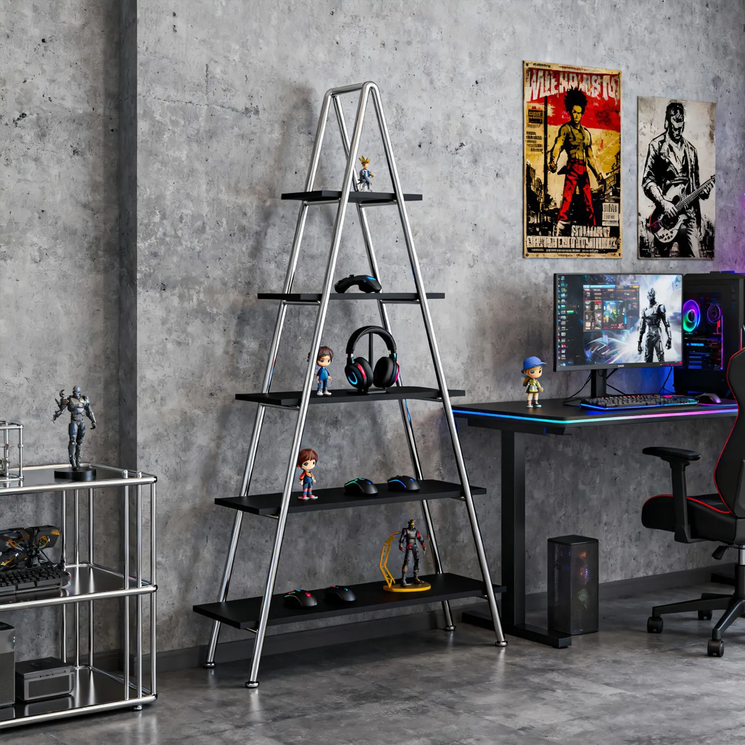 XL Gaming Room Computer Desk Side Storage Rack Ladder-Shaped Figurine Display Stand