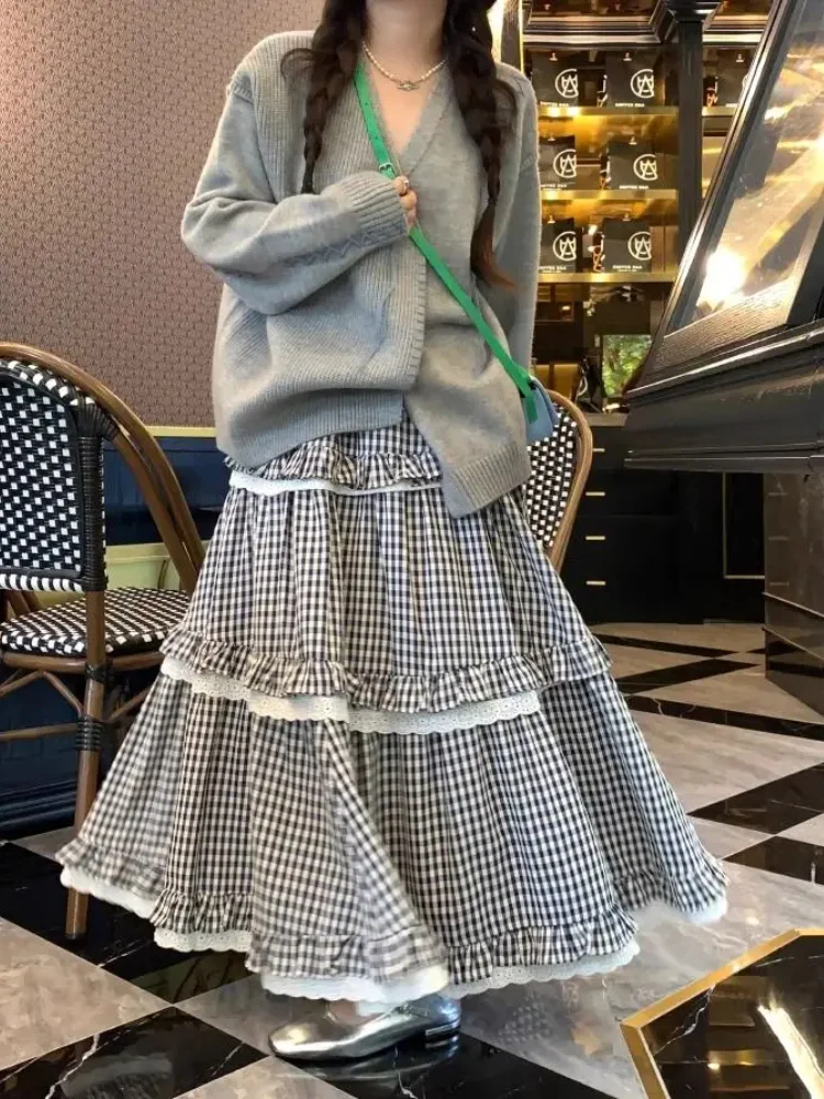 

Lace Patchwork Plaid Cake Skirt For Women Y2k New High Waist Women's Skirts Japan Korean Style A-line Faldas Mujer