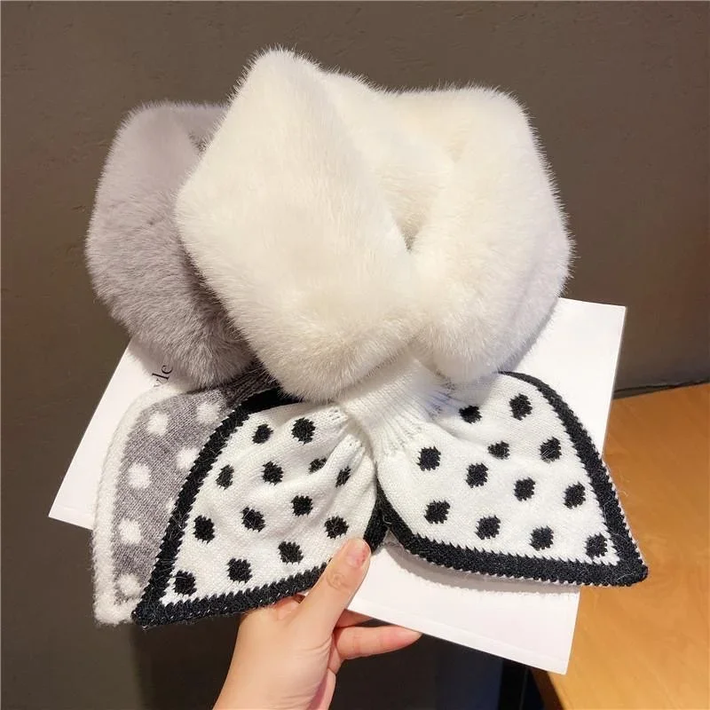 

Winter Keep Warm Faux Fur Scarf for Women Scarves Wool Stitching Faux Rabbit Fur Cross Plush Snood Fur Collar Cute Girls Scarfs