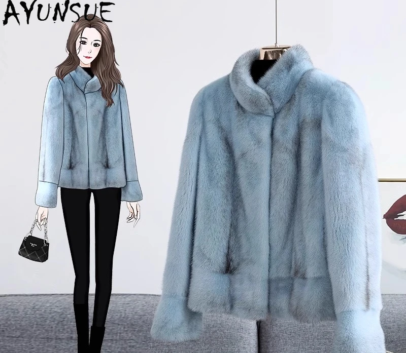 AYUNSUE Naturalny Płaszcz z Futra Norki Damski Luksusowe Płaszcze z Prawdziwego Futra Cały Płaszcz z Norki Damski Kurtka Zimowa Stójka Шуба Женская