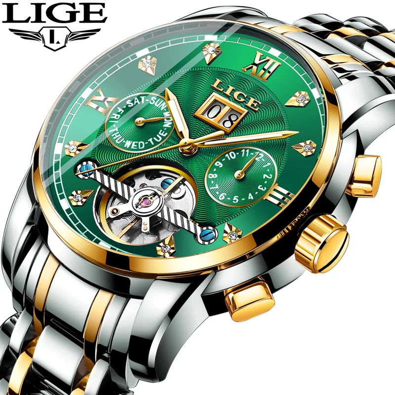 LIGE Automatic Watch for Men Top Original Luxury Skeleton Flywheel Mechanical Wristwatches Classic Calendar Business Man Watch