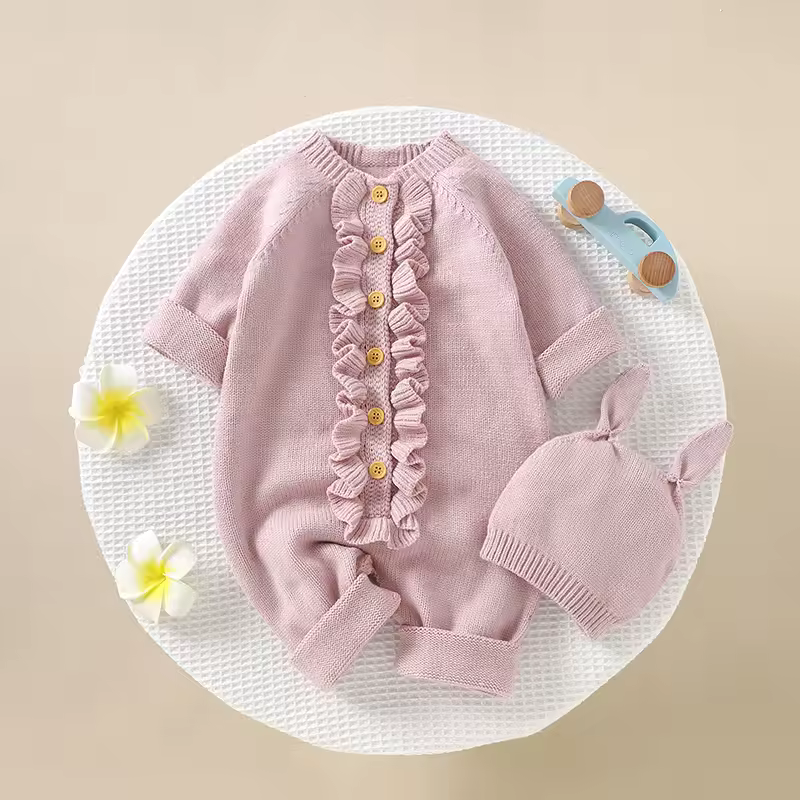 תינוק rompers knit ילדת ילד סרבל שרוול ארוך סתיו פעוט תינוק בגדים כובע בגדים כובע 0-18 מ 'מוצק 2pc