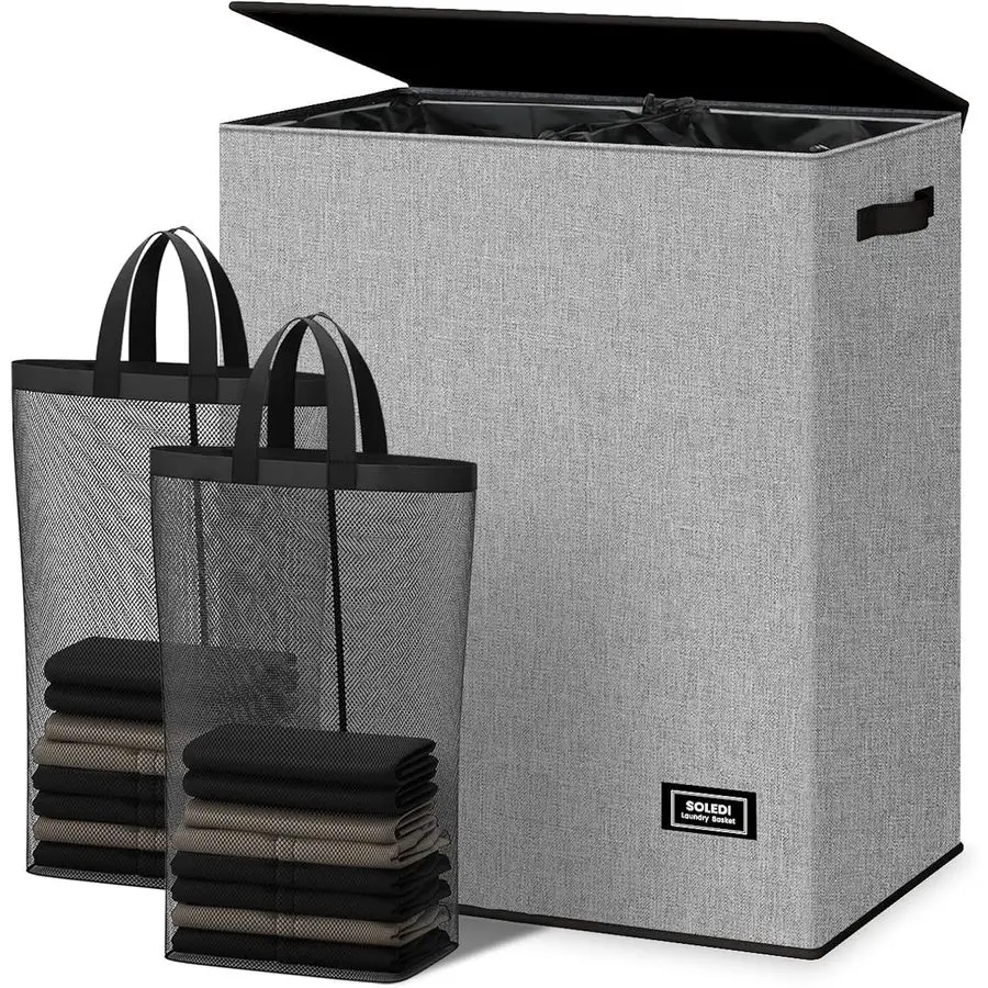 

Double Laundry Hamper with Lid and Removable bag, Large Laundry Basket 2 Section with handles, Collapsible Dirty Clothes Hampers