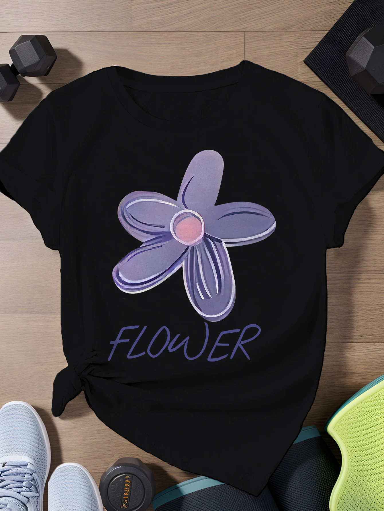 

Black with Purple 5-Petal Flower & FLOWER Text Harajuku Short Sleeve Casual T-shirt Clothing Street Tops Tees Aesthetic Clothes