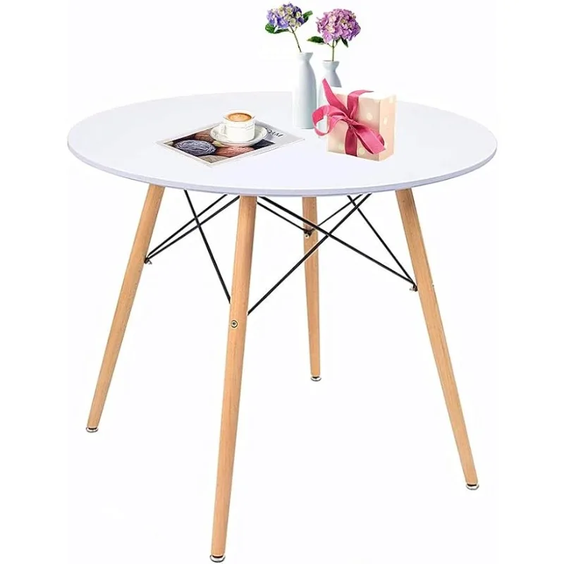 Round Table White Kitchen Dining Table White Dining Room Table Modern Style Round Leisure Office Coference Desk with Wood Legs